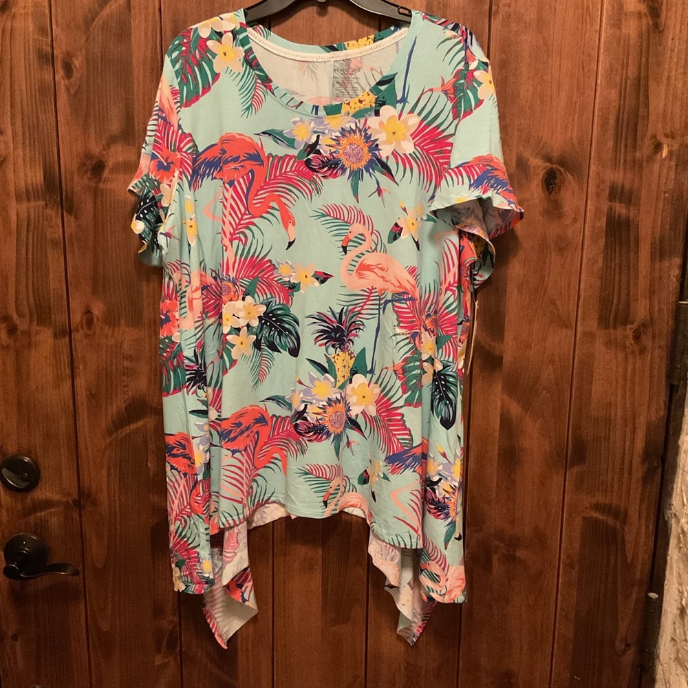 Westbound Mint Tropical Flamingo Short Sleeve Top